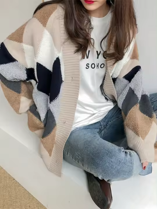 Suéter con botones de talla grande para mujer, manga de bola, tops de invierno a sg 2024 - 1