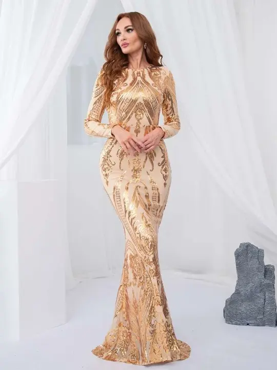 Vestido de fiesta modesto y elegante de noche con lentejuelas elásticas de manga larga hasta el suelo con cuello redondo - 1