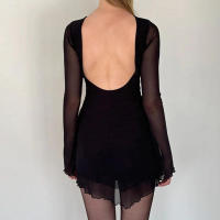 Maemukilabe Vestido corto de malla transparente, minivestido informal de manga larga sin espalda para fiesta, playa, cóctel, club, vintage - details 6