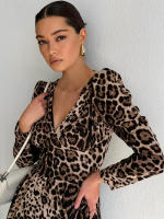 Estampado de leopardo con cuello en V ajustado verano otoño nuevo estampado manga larga vestido corto para mujer elegante - details 6