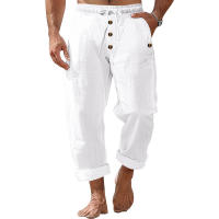 Pantalones de pierna recta con botones y cordón sueltos de lino de color sólido informales para hombre de primavera y otoño - details 1