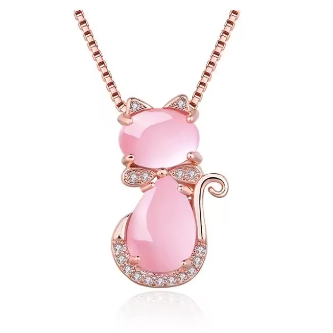 Collar de Joyas de Cristal, Collar de Mujer Color Rosa/Dorado Forma Linda del Gato, Joyería de la Mujer para la Boda y Fiesta - 1