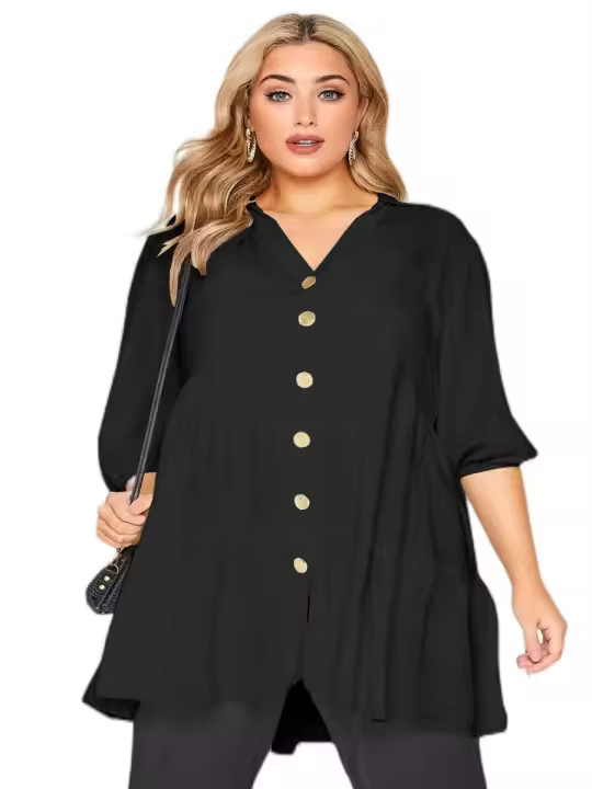 Túnica elegante de manga 3/4 para primavera y otoño, blusa informal negra con cuello en V y botones en la parte delantera, blusa escalonada de talla grande 5XL 6XL - 1