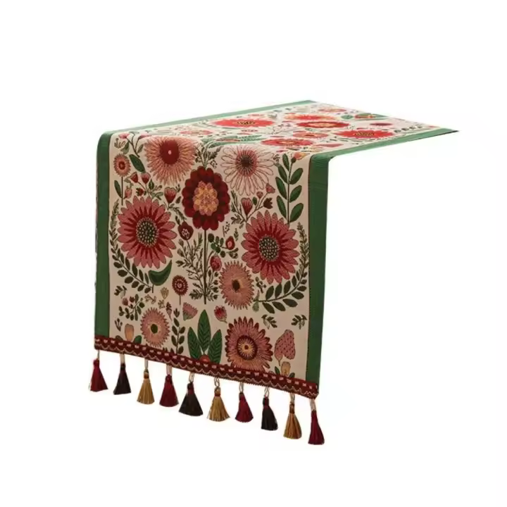 Camino de mesa de estilo étnico con borlas, mantel de estilo americano con girasoles, cubierta de mesa de tejido Jacquard Floral grueso - 1