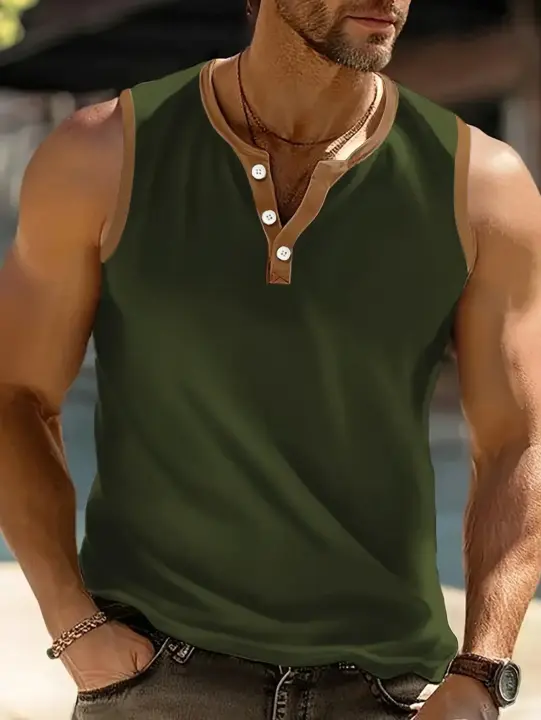 2025 Camiseta sin mangas de verano para hombre, camisetas sin mangas con diseño de botones de color Patchwork, chaleco holgado para correr y playa, chaleco diario, ropa para hombre - 1