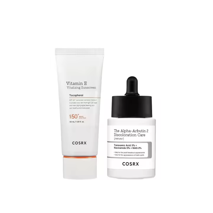 COSRX Vitamina E Protector solar facial vitalizante SPF 50 + 2% Suero para el cuidado de la decoloración de alfa arbutina - 1