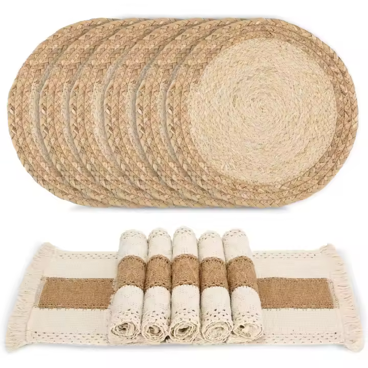 Manteles Boho Hechos a Mano Estilo Granja de Paja y Algodón Natural para Mesa de Comedor - 1