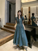 Vestido vaquero Vintage elegante con cuello en V, falda acampanada de longitud media, cintura alta coreana, manga corta, moda de verano para mujer - details 2