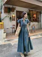 Vestido vaquero Vintage elegante con cuello en V, falda acampanada de longitud media, cintura alta coreana, manga corta, moda de verano para mujer - details 14
