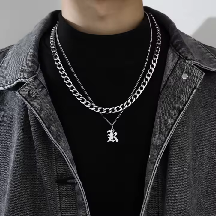 Cadena gruesa de doble capa para suéter, collar de acero de titanio para hombre, cadena de clavícula, collar con letras cubanas - 1