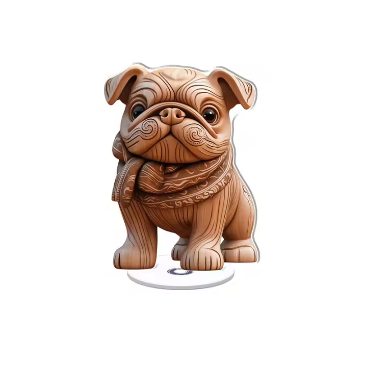 Adorno acrílico giratorio con un encantador bulldog de madera con una bufanda de colores vibrantes, detalles intrincados y textura suave. - 1