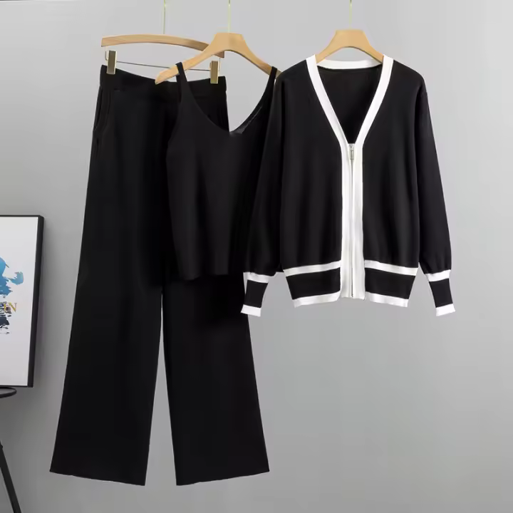 Nuevo conjunto de moda para mujer 2024: top con cremallera larga, chaqueta y pantalones con cinturón elástico - 1
