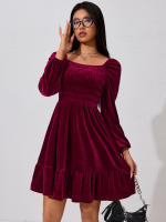 Vestido de estilo simple y elegante para mujeres cintura alta, adelgazamiento, falda roja de vino - details 4