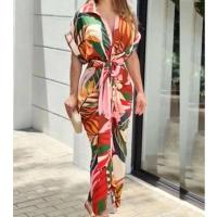 2024 nuevo estampado Irregular Slim Vestidos largos mujeres moda temperamento señora Leace-up Vestido de manga corta ropa de verano Vestidos - details 6