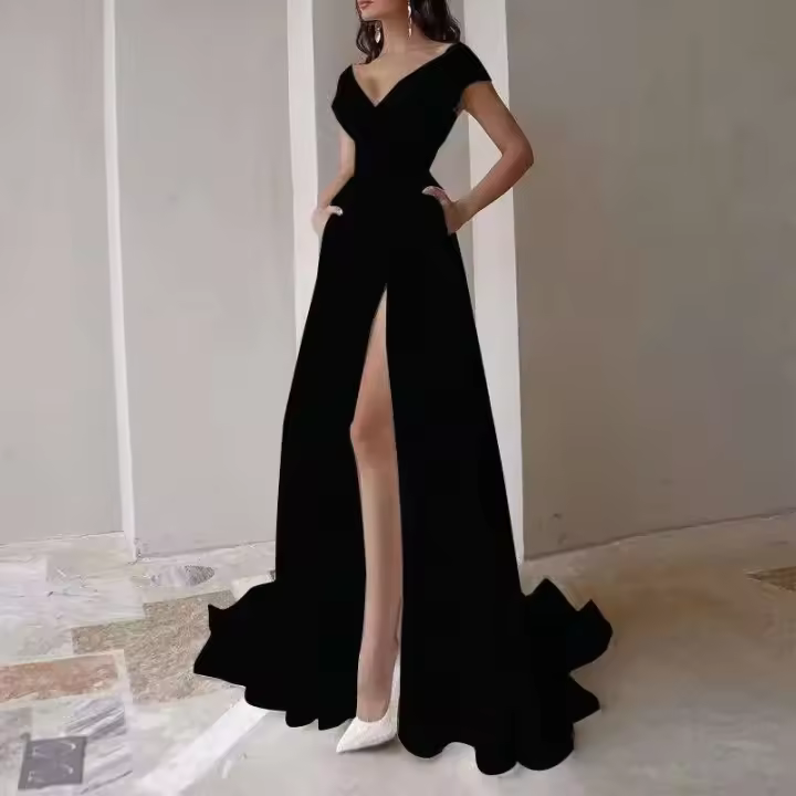 Elegante Vestido Cruzado de Cintura Media con Abanico Color Sólido, Estilo Sin Límites, Moda Nocturna para Mujeres - 1
