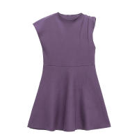 Vestidos cortos de punto estilo patinadora para mujer, cuello redondo, manga asimétrica con pliegues, línea A, primavera 2025 - details 2