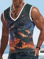 Chaleco con cuello en V para hombre, moda urbana de verano, top para deportes al aire libre, chaleco holgado y cómodo con estampado de barco pirata - details 3