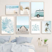 Pinturas Nórdicas de JUBEER en Lienzo para Decoración del Hogar Tema Onda Beach Bridge Wall Art Bus Posters con Hojas de Palma - details 0