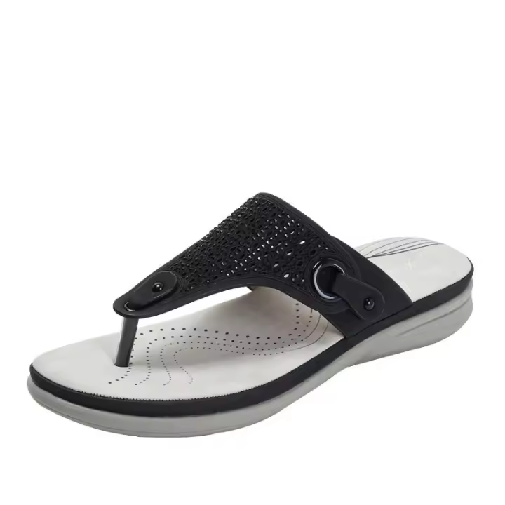Sandalia zapatillas externas de suela gruesa 2025 casual strass playa mujer punta dividida tacón inclinado semi remolque - 1