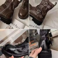 Tobillo con cremallera de color sólido con punta redonda y doble hebilla para mujer, botas de moto de cuero con parte superior - details 2