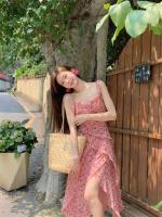 Tea break Vestido francés con tirantes florales rosas y cuello en U para vacaciones de verano para mujer, falda larga de playa con volantes - details 8