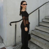 BUNO-vestidos largos con hombros descubiertos, vestido de cena negro con malla transparente, trajes de cumpleaños elegantes y sexys - details 4