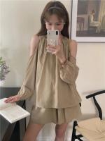 Blusa de verano a cuadros extragrande 2024 para niñas, traje de mujer, camisa de manga larga, pantalones de pierna ancha de cintura alta, trajes de dos piezas con pantalones cortos - details 19
