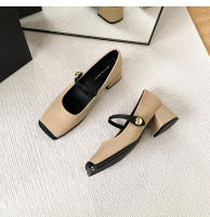 Nuevos zapatos de mujer con plataforma poco profunda y tacones gruesos con combinación de un solo color. - details 33