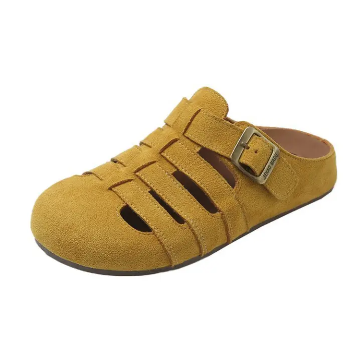 Bolso de mujer, zapatillas de mujer con media cabeza, estilo francés retro, de cuero, con suela plana, para verano. - 1