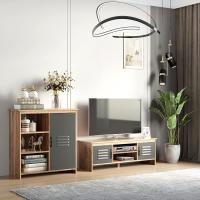 Mueble Auxiliar de Metal con Puerta 3 Estantes Abiertos y Armario con Puerta y Balda Ajustable para Sala de Estar Cocina Madera Natural - details 1