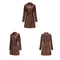 Gabardina cortavientos de piel sintética para mujer, chaquetas con cinturón, abrigo largo medio - details 30