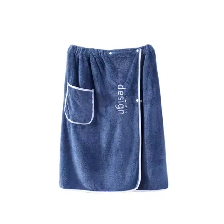 Toalla de baño suave con bolsillo para hombre, toalla de ducha larga de terciopelo Coral, falda de toalla corta de Color sólido para el hogar - 1