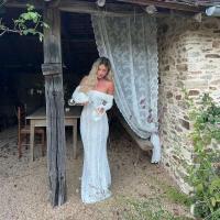 Vestido largo elegante con volantes y borde de encaje para mujer, vestido largo a la moda con cuello redondo y manga acampanada, vestidos largos ajustados para fiesta de verano 2025 - details 35