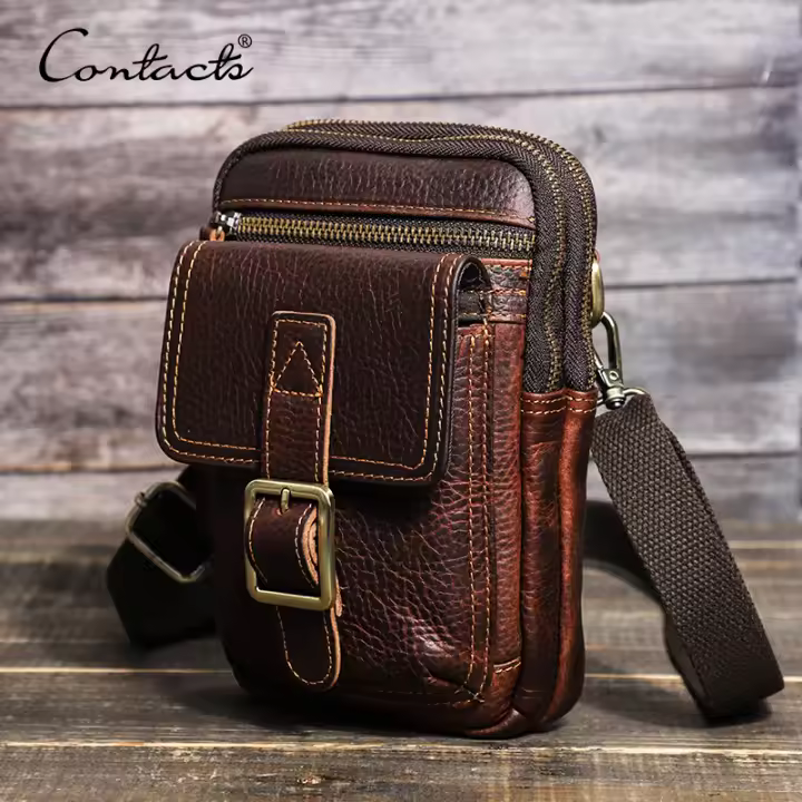 Bolsa de Hombro Vintage Multifuncional CONTACT'S para Hombres Bolsa de Telefono de Cuero de Vaca 100% Vegetal Bolsa de Cuero para Exterior Estilo Sólido Temporada Primavera/Verano - 1