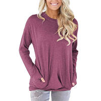 La manga larga vendedora caliente del murciélago del cuello redondo flojo del color sólido de los tops del bolsillo de las mujeres para las mujeres - details 0