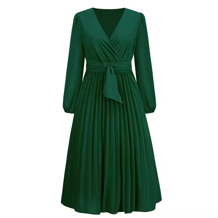 Vestidos largos informales para mujer, manga larga con cuello en V, cintura alta, Maxi, Verde - 1