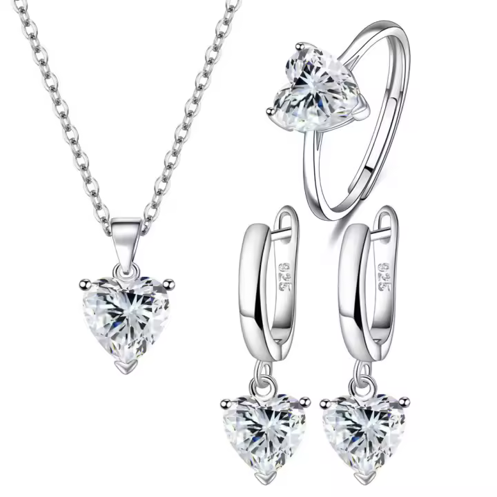 Conjunto de Joyería de Plata Esterlina 925 Collar y Pendientes de Corazón de Zirconia Cúbica - 1