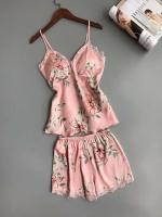 Ropa de seda satinada para mujer, bata Ence Home, alfombrilla para el pecho, pijama, rosa, blanco, 3 piezas - details 2