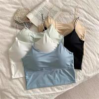 Tops cortos sexis para mujer, sujetador deportivo de seda helada para verano, chaleco con tirantes finos, Top para mujer, sujetador incorporado, camisola sin mangas con hombros descubiertos - details 2