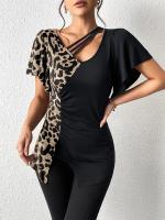Nuevo estampado de leopardo irregular manga corta Camiseta cuello mariposa manga patchwork top mujer - details 1