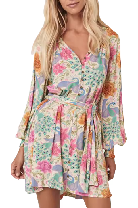 Elrachen Mini vestido con cuello en V y botones con manga de burbuja y estampado floral para mujer, multicolor, tallas S-XL - 1