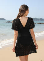 Mini vestido de playa de ganchillo con cuello en V, cubierta de punto de manga corta para mujer, túnica ligera de verano para traje de baño - details 10