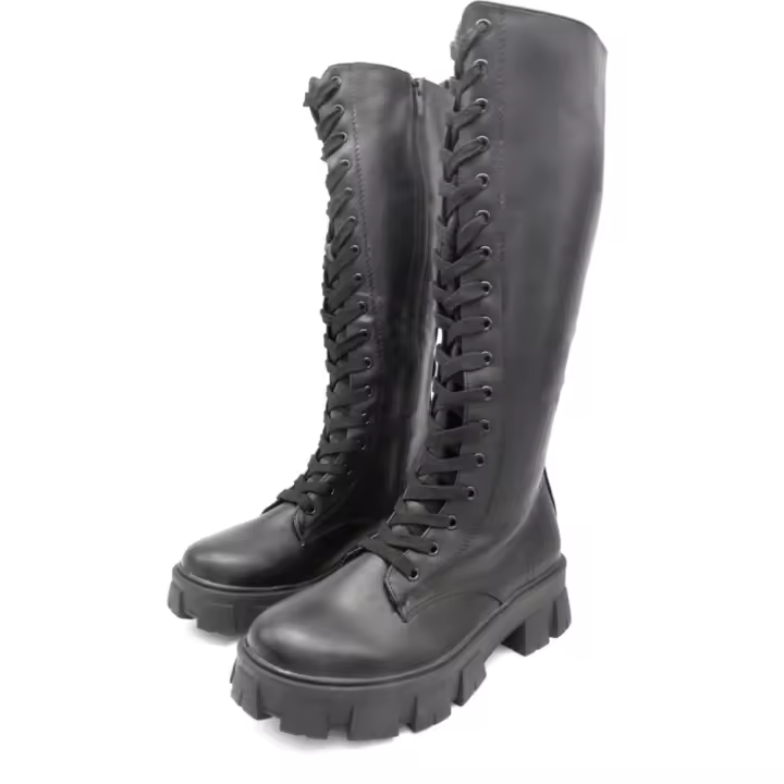 Botas Altas Militares De Piel Sintética Con Cordones Y Cremallera, Impermeables Al Agua, Botas Altas Planas Con Plataforma - 1