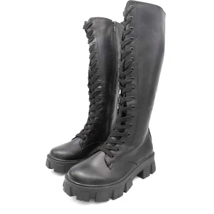 Botas Altas Militares De Piel Sintética Con Cordones Y Cremallera, Impermeables Al Agua, Botas Altas Planas Con Plataforma - 1