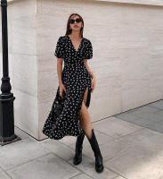 Vestido largo de estilo francés con estampado floral, pequeño, negro, otoño, nuevo, manga corta, cintura con abertura, corte en A - details 7