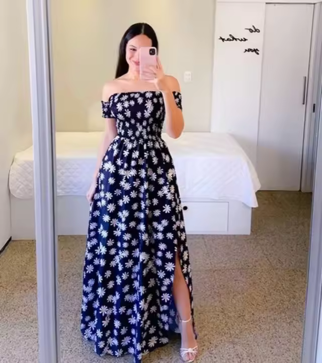 Elegante Vestido Midi de Hombros Descubiertos para Mujer 2024 Cintura Alta, Manga Corta, Estampado, Moda de Verano - 1