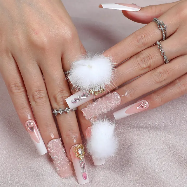 Uñas alargadas explosivo flash blanco bola de pelo francés degradado uñas falsas uñas láminas usables - 1