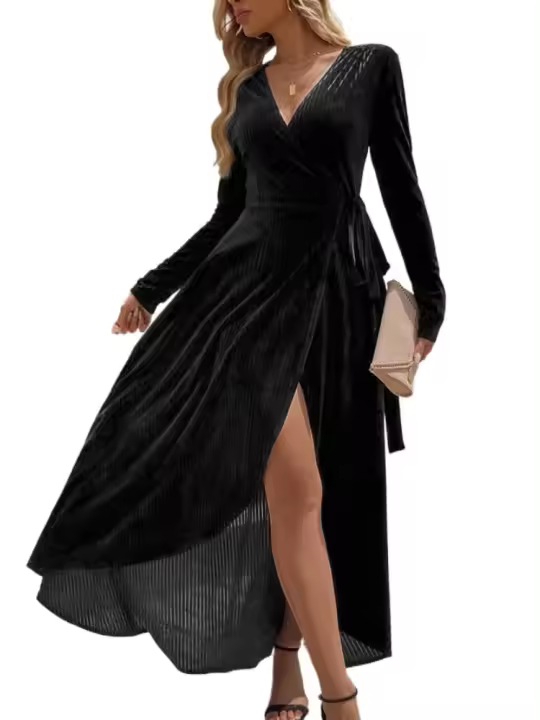Vestido de mujer de manga larga con cuello en V, lujosa apertura de color sólido, suave - 1