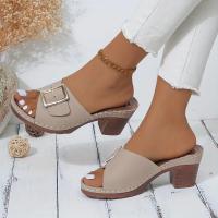 Sandalias de moda de color sólido para mujer, con hebilla, cinturón, informales, tacón grueso, diapositivas versátiles de verano - details 5