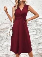 Nuevo producto verano 2025 color sólido con cuello en V, cintura cruzada plisada, vestido sin mangas, midi y largo, vestido largo de mujer - details 7